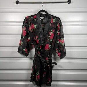 Secret Treasures Sheer Mesh Floral Robe Black Red Velvet Rose Burnout Small